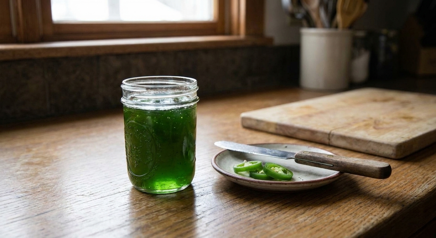 A small glass jar of glossy jalapeño jelly on a bright kitchen counter with sliced jalapeños and a butter knife nearby