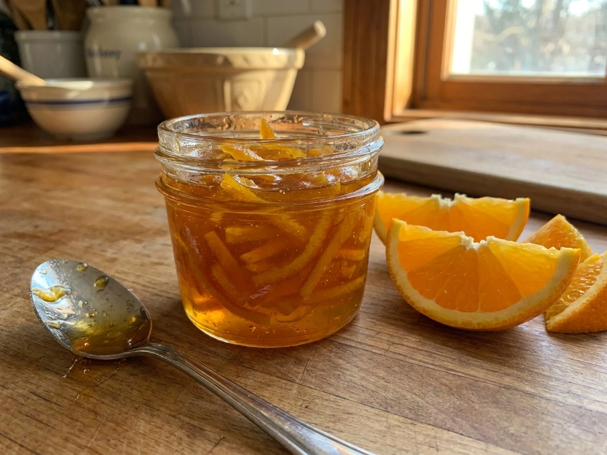 A small glass jar of glossy orange marmalade with visible tender peel on a wooden kitchen counter beside a spoon and sliced oranges in warm natural light