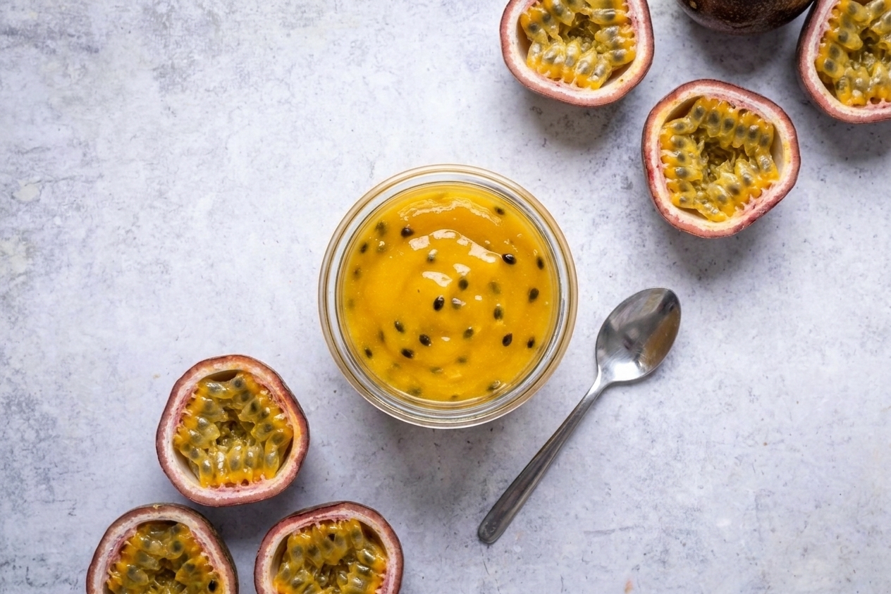 A small glass jar of glossy passion fruit curd on a light kitchen counter with a spoon resting beside it and a few halved passion fruits nearby