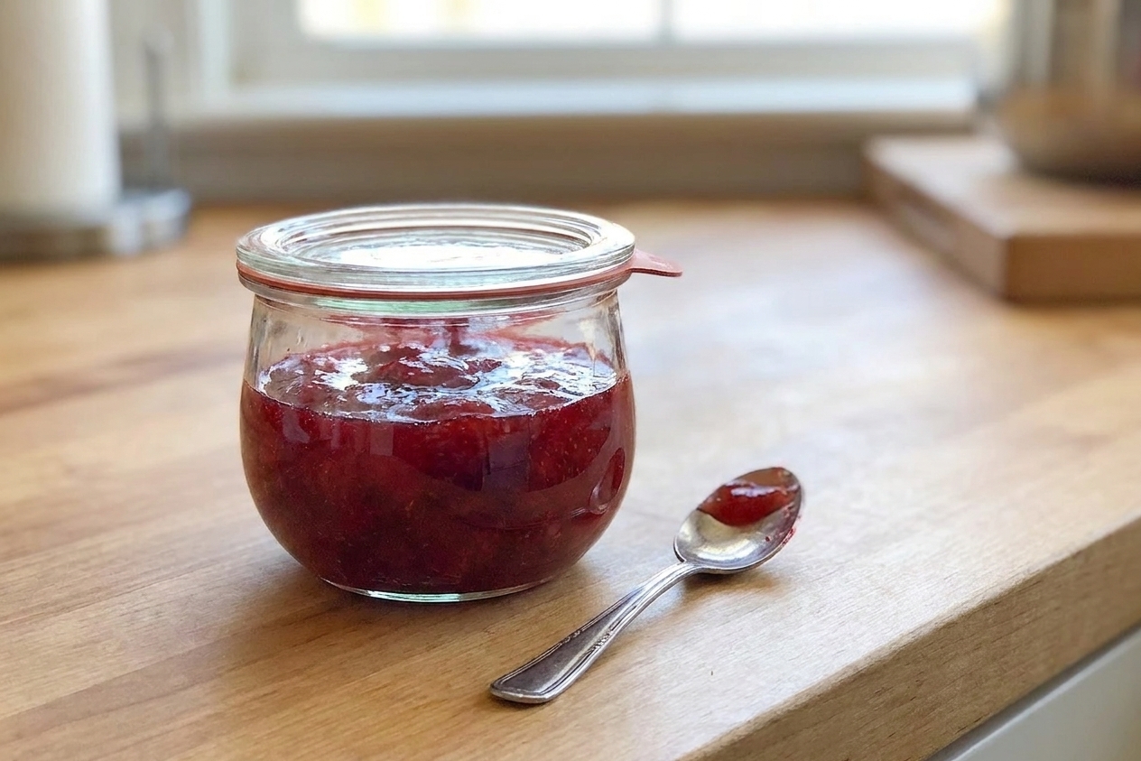 A small glass jar of glossy strawberry freezer jam with a spoon resting beside it on a light kitchen counter in soft natural window light
