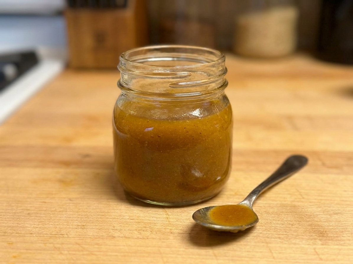 A small glass jar of golden-brown Carolina BBQ sauce on a wooden counter with a spoon nearby, warm kitchen lighting