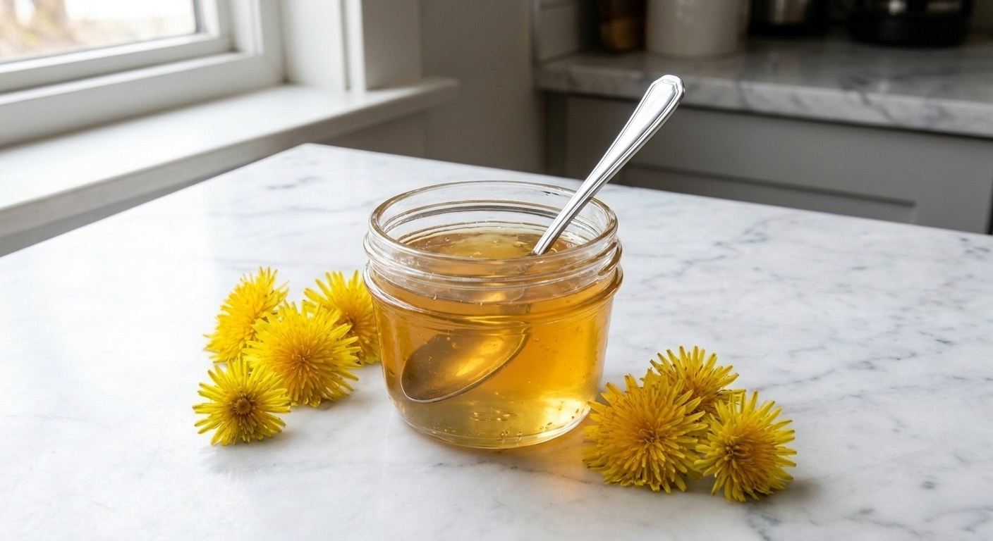 A small glass jar of golden dandelion jelly on a light kitchen counter with a spoon and fresh dandelion blossoms nearby in natural window light