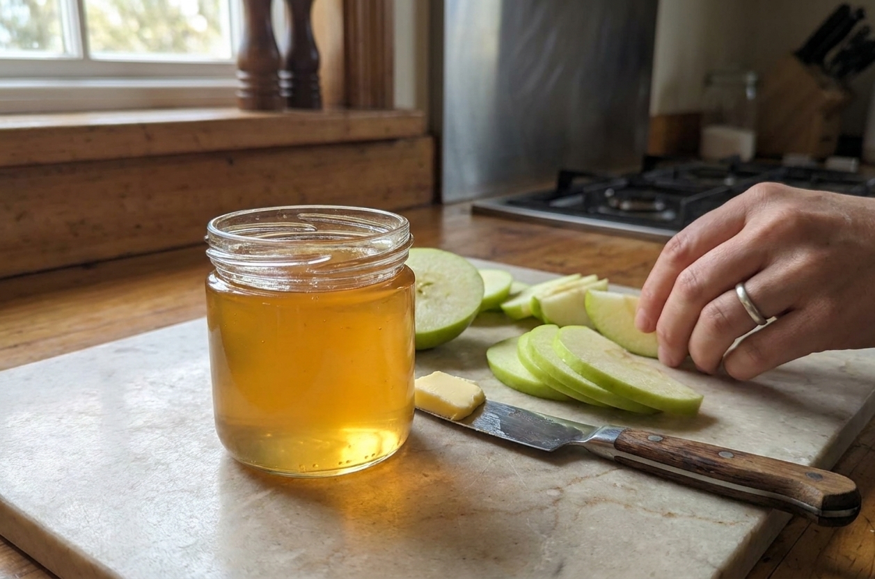 A small glass jar of golden homemade apple jelly on a light stone kitchen counter with sliced green apples and a butter knife nearby, soft window light