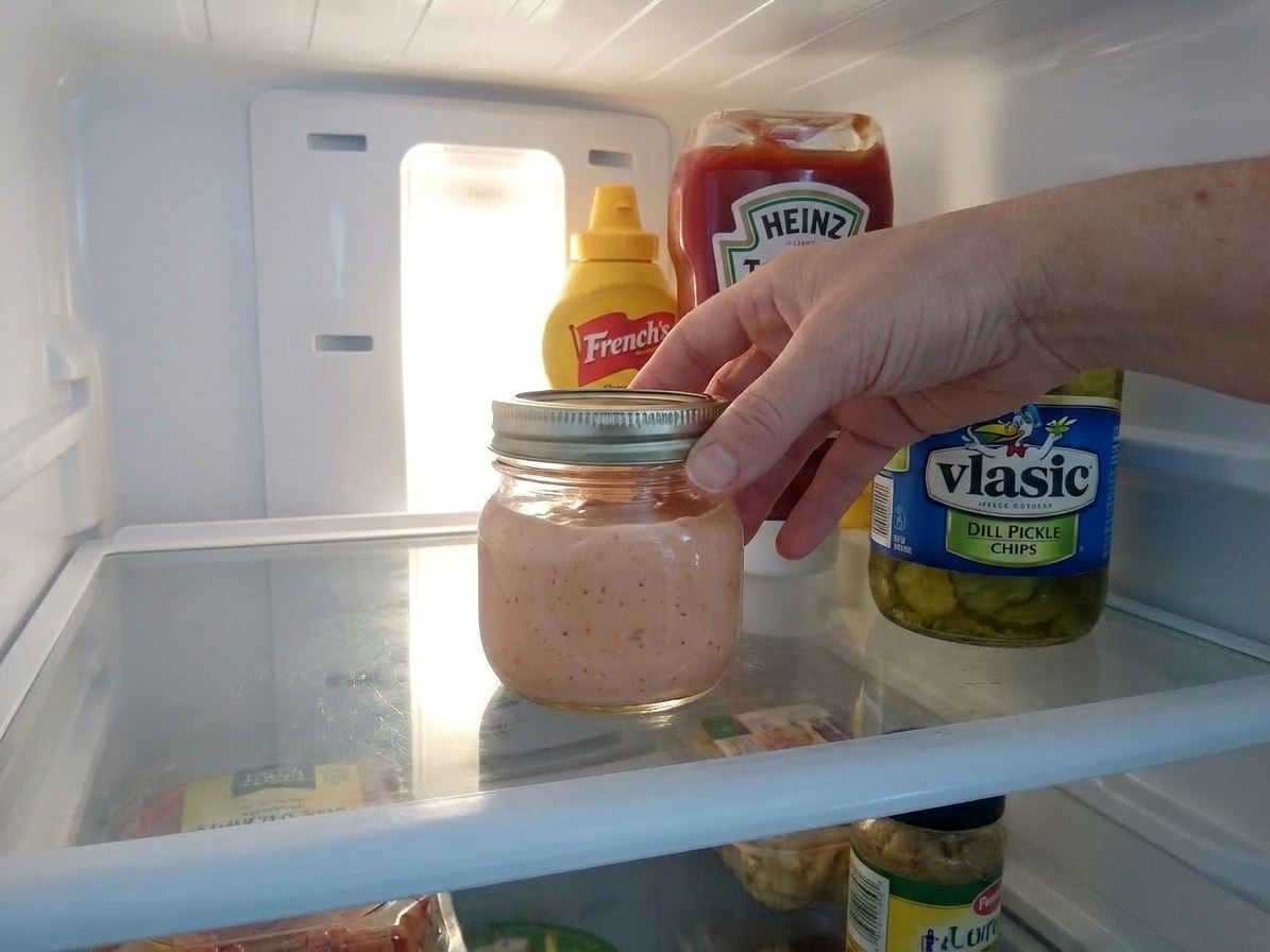 A small glass jar of hamburger sauce with a lid sitting on a refrigerator shelf next to pickles and condiments