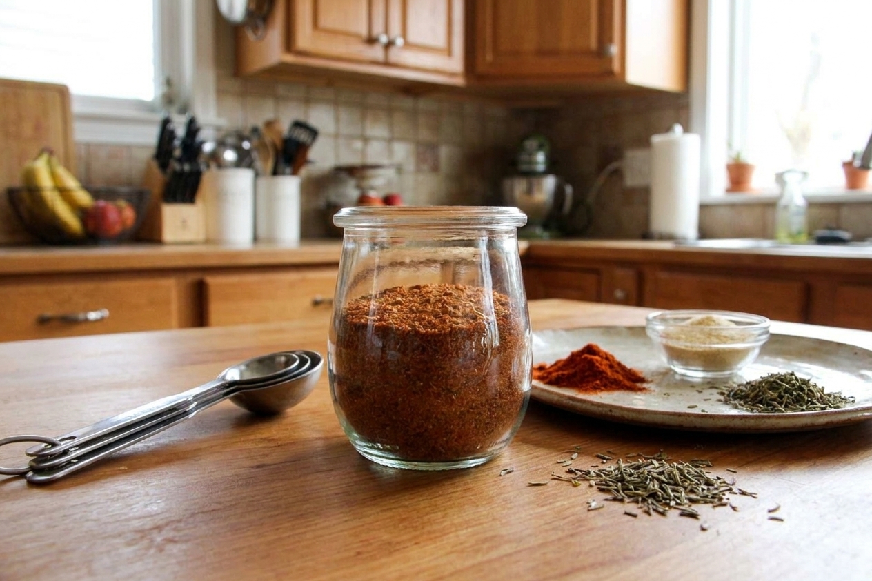 A small glass jar of homemade Creole seasoning on a warm kitchen counter with measuring spoons and paprika, garlic powder, and dried herbs nearby
