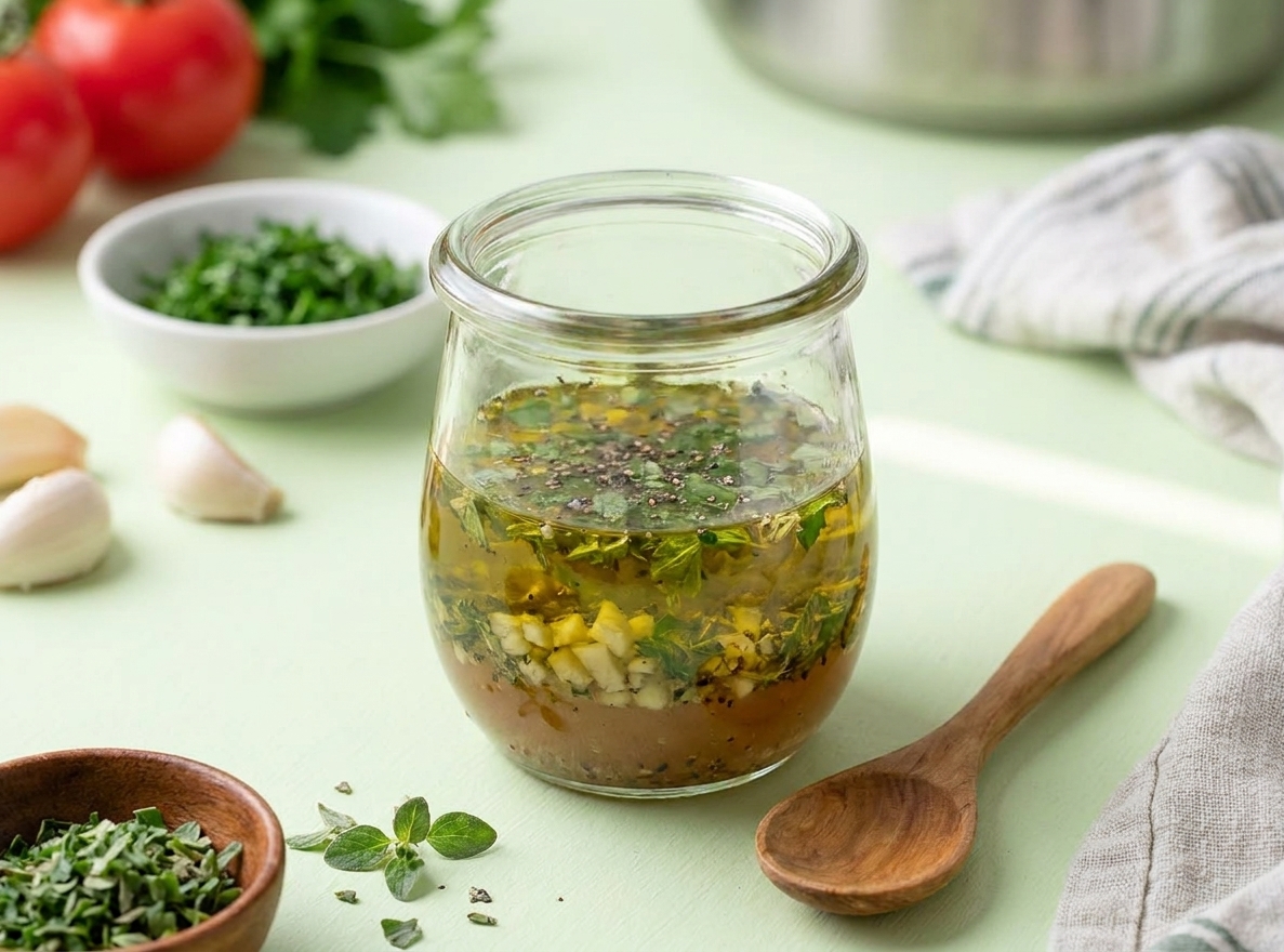A small glass jar of homemade Italian dressing with visible herbs and minced garlic sitting on a kitchen counter