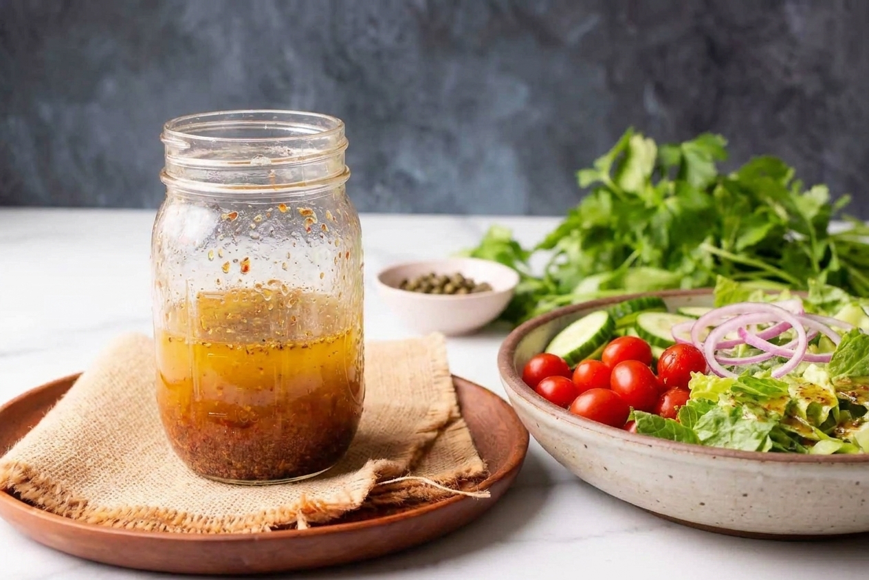 A small glass jar of homemade Italian salad dressing with visible herbs and minced garlic, sitting on a light stone kitchen counter next to a salad bowl