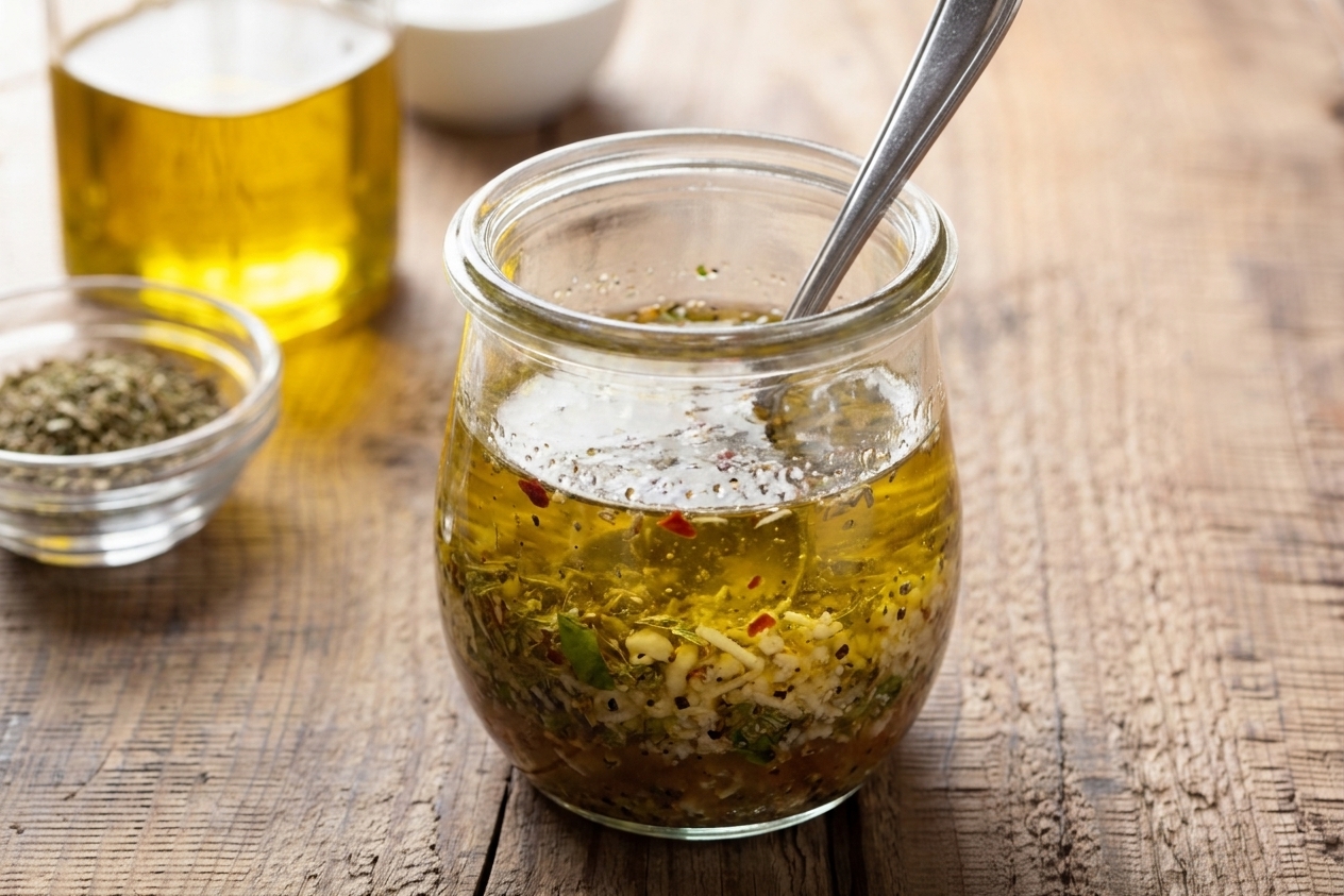 A small glass jar of homemade Italian-style dressing with visible herbs resting on a kitchen counter
