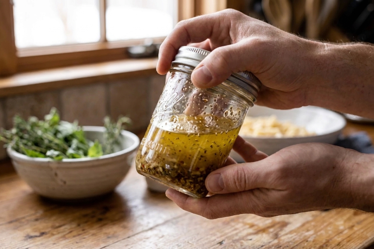 A small glass jar of homemade Italian style dressing being shaken, with olive oil and vinegar emulsified into a golden vinaigrette