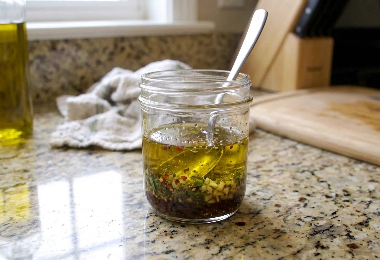 A small glass jar of homemade Italian vinaigrette on a kitchen counter