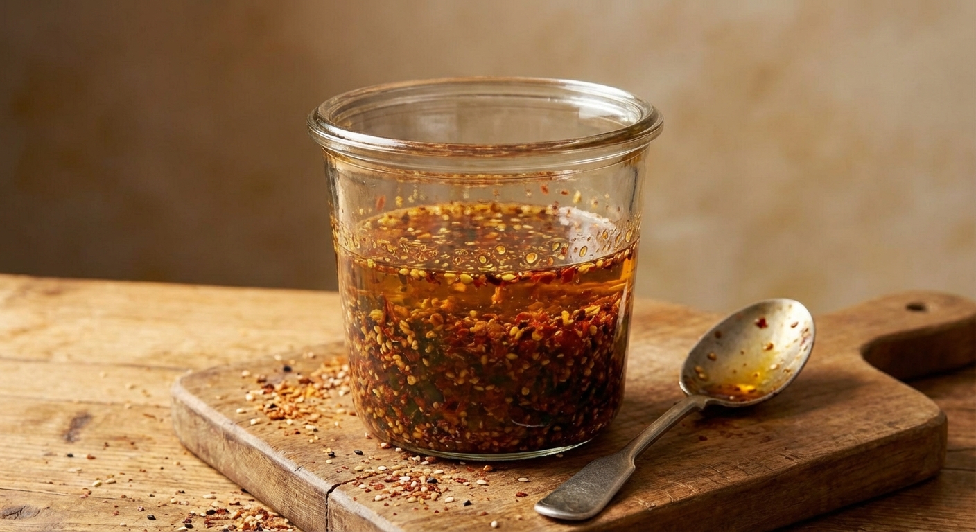 A small glass jar of homemade chili oil with visible chili flakes and crisp garlic on a wooden cutting board next to a spoon