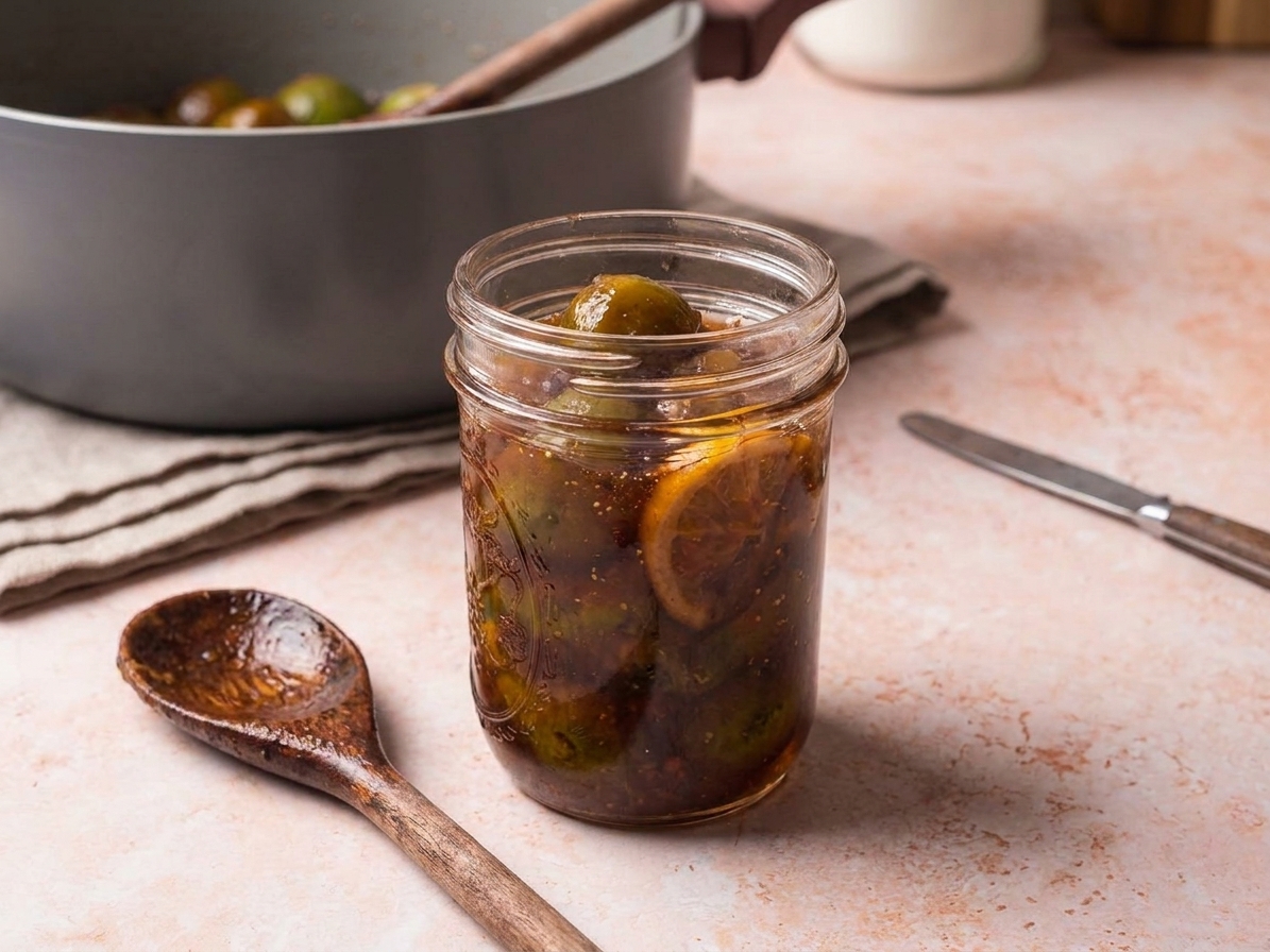 A small glass jar of homemade fig preserves with visible fig seeds and chunks, sitting on a warm-toned kitchen counter beside a spoon
