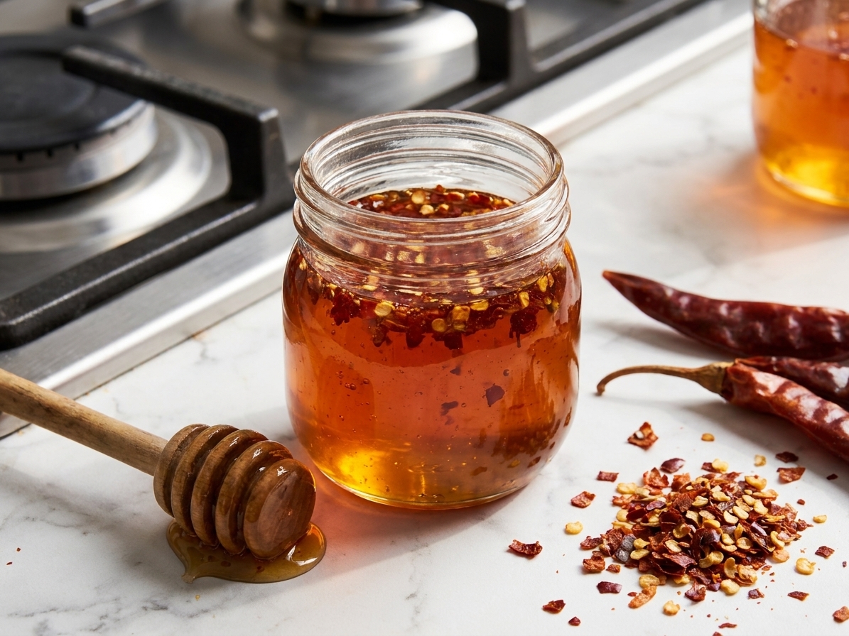 A small glass jar of homemade fire honey on a kitchen counter with red pepper flakes and a honey dipper nearby, warm natural light