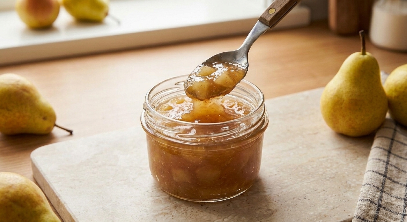 A small glass jar of homemade pear jam on a light stone countertop with a spoonful showing the glossy texture, soft natural window light