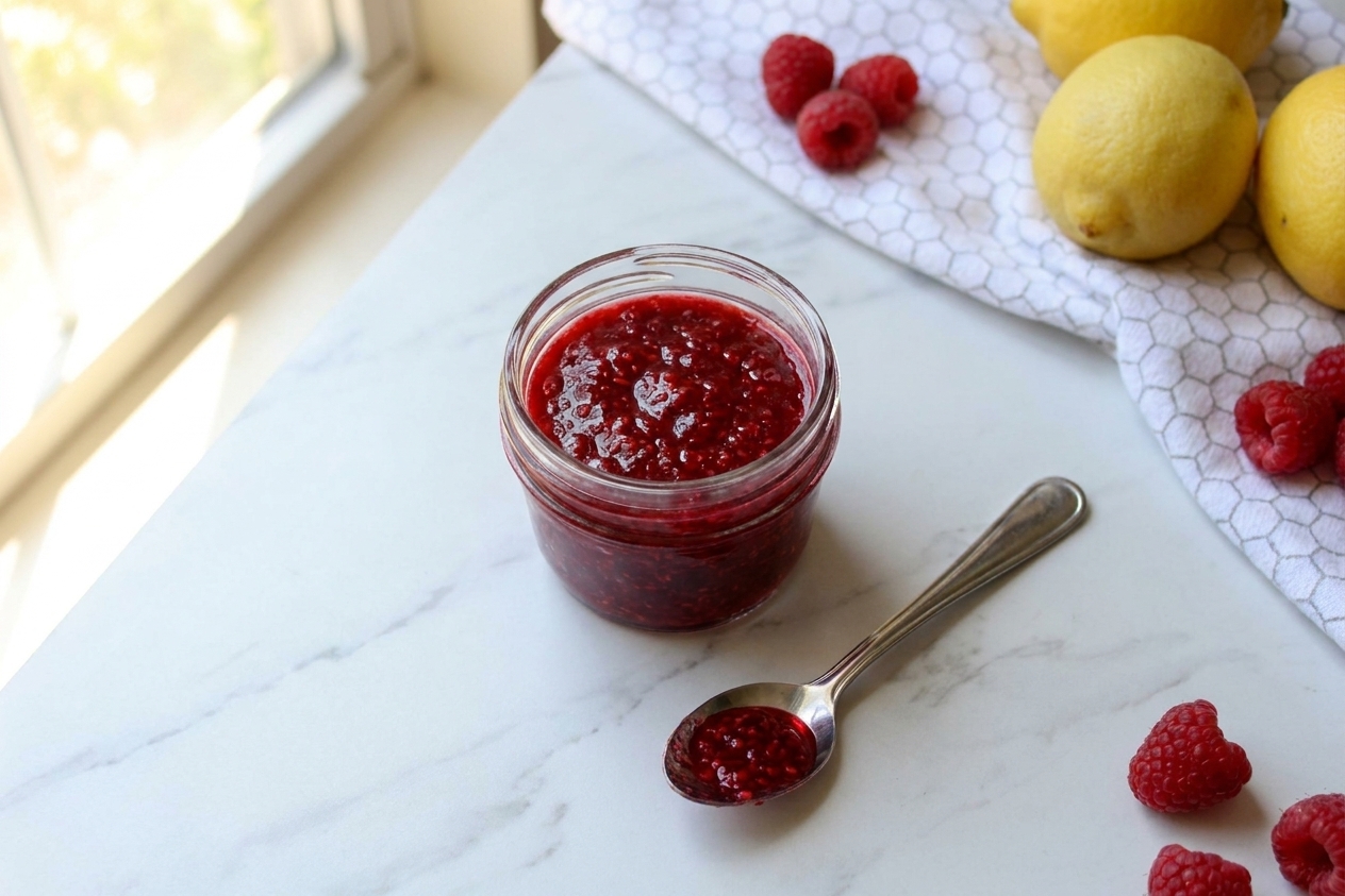 A small glass jar of homemade raspberry jam with a spoon resting beside it on a light stone kitchen counter, soft natural window light