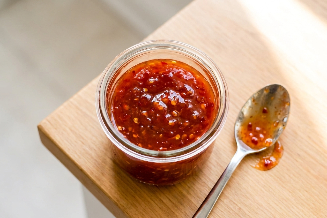 A small glass jar of homemade sweet chili sauce on a warm kitchen counter, with a spoon resting beside it and soft natural light
