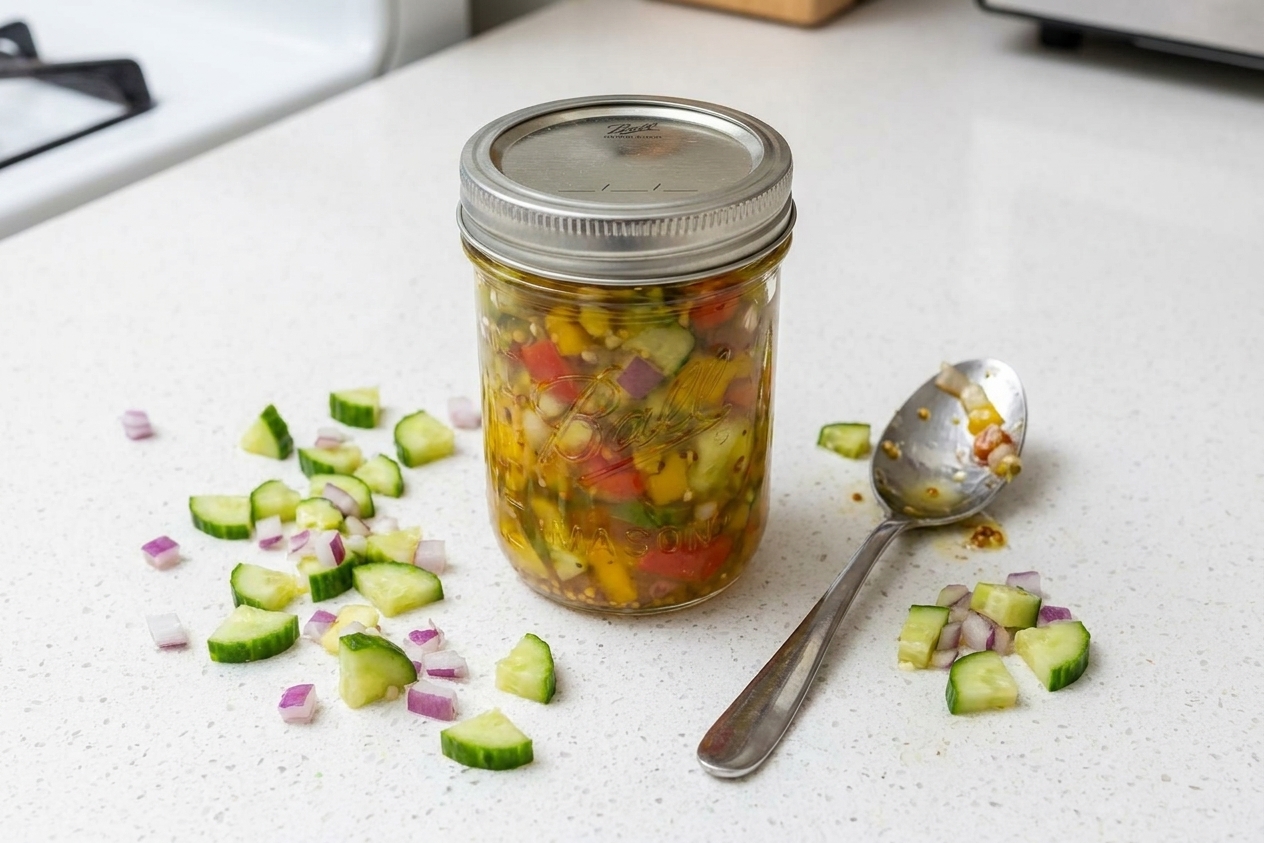 A small glass jar of homemade sweet pickle relish on a wooden kitchen counter with a spoon beside it and scattered chopped cucumbers and onion nearby