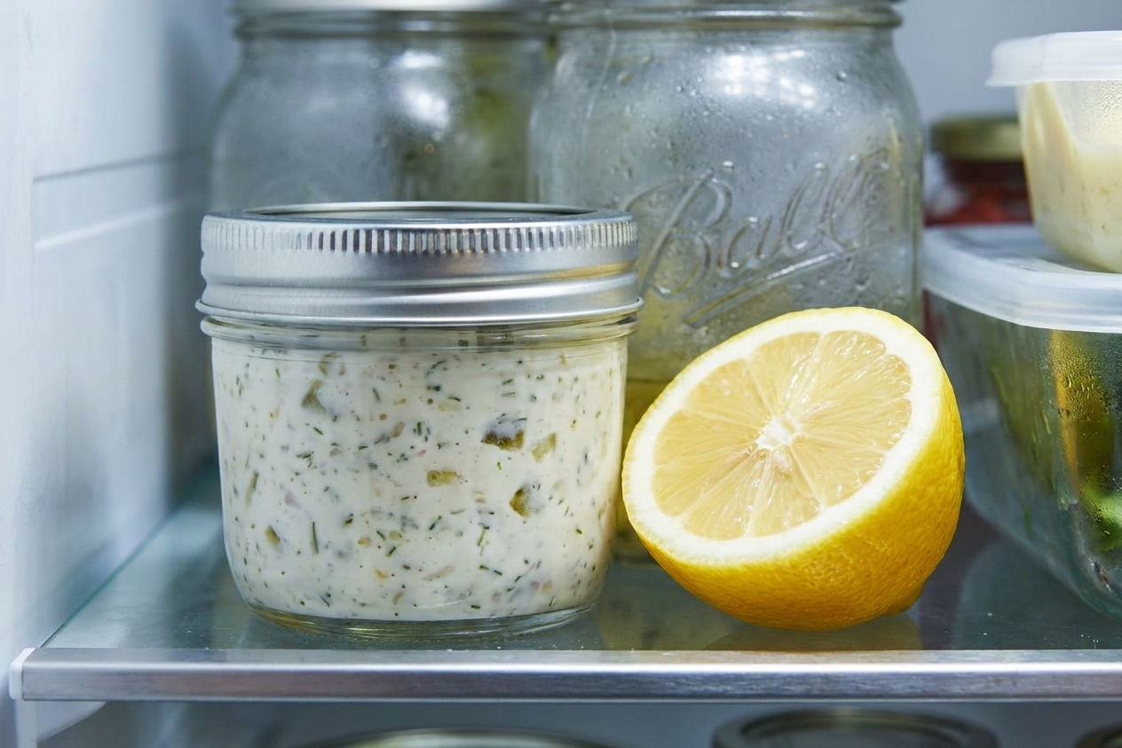 A small glass jar of homemade tartar sauce with a lid sitting on a refrigerator shelf next to a halved lemon