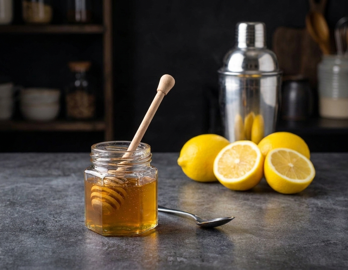 A small glass jar of honey syrup with a spoon beside it on a kitchen counter, with lemons and a shaker in the background
