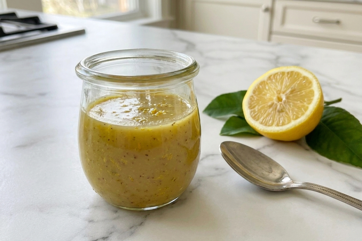 A small glass jar of lemon Dijon dressing with visible lemon zest on a kitchen counter next to a cut lemon and a spoon