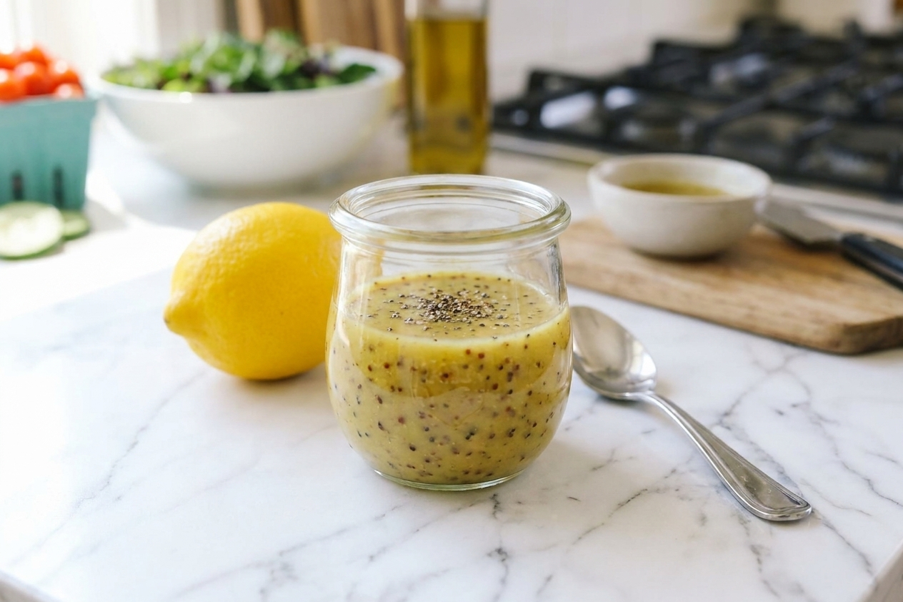 A small glass jar of lemon Dijon dressing with visible mustard and pepper specks sitting on a kitchen counter next to a lemon and a spoon