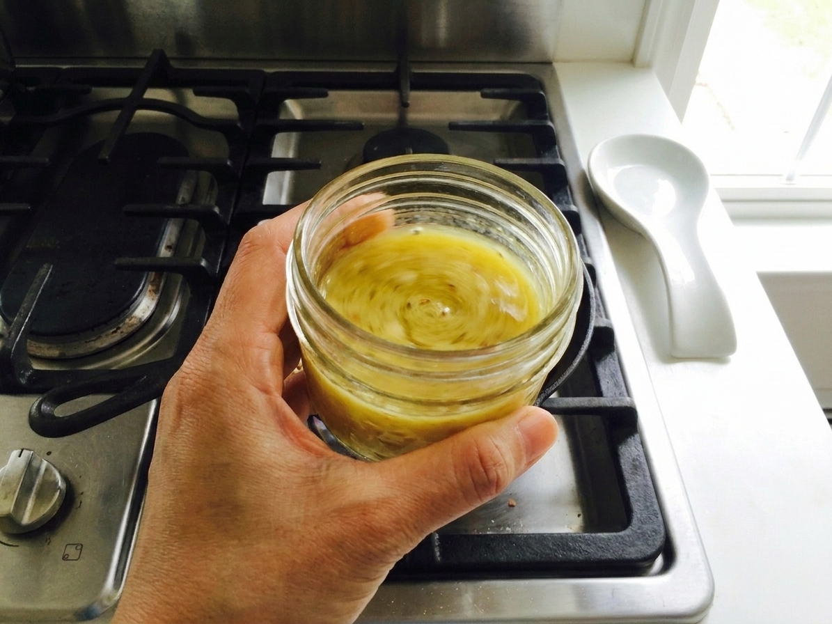 A small glass jar of lemon Dijon vinaigrette being shaken by hand on a light kitchen counter
