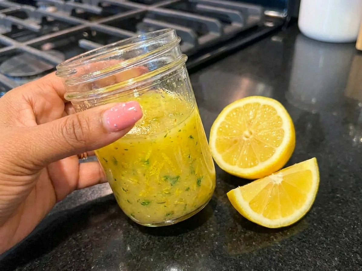 A small glass jar of lemon Dijon vinaigrette with visible lemon zest and herbs sitting on a kitchen counter next to a cut lemon