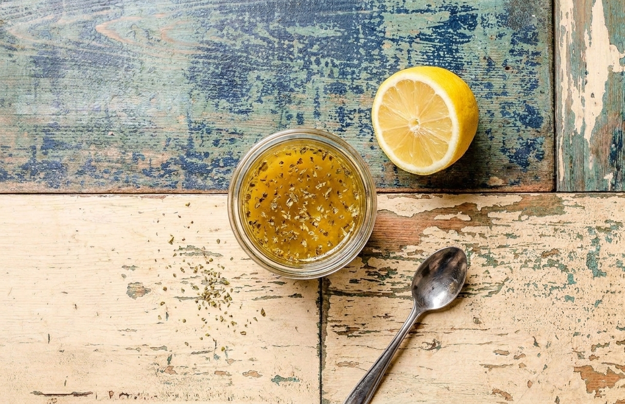 A small glass jar of lemon Dijon vinaigrette with visible flecks of oregano on a wooden counter next to a halved lemon