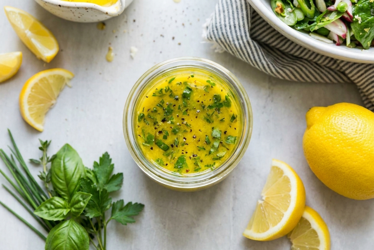 A small glass jar of lemon-herb vinaigrette on a kitchen counter with a lemon and fresh herbs nearby