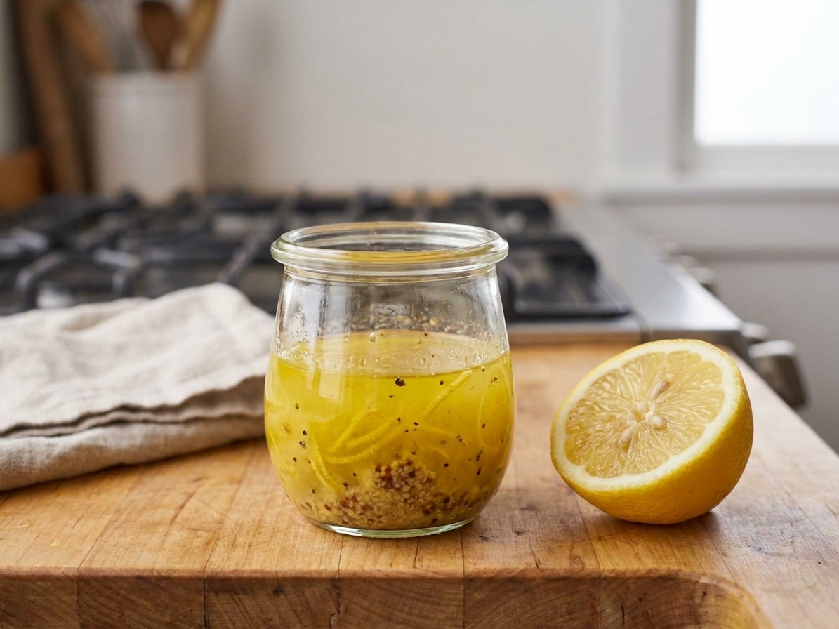 A small glass jar of lemon vinaigrette with visible lemon zest and Dijon mustard on a kitchen counter next to a halved lemon
