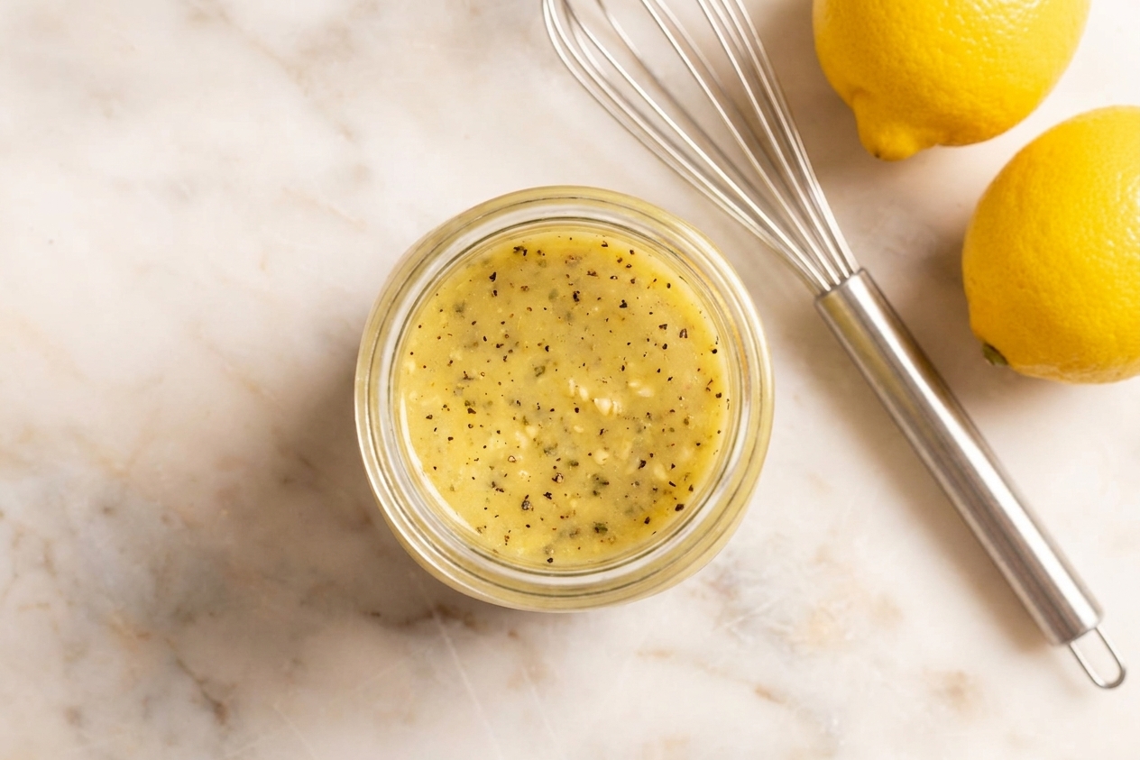 A small glass jar of lemon vinaigrette with visible black pepper and minced garlic on a warm kitchen counter, with a whisk and lemons nearby
