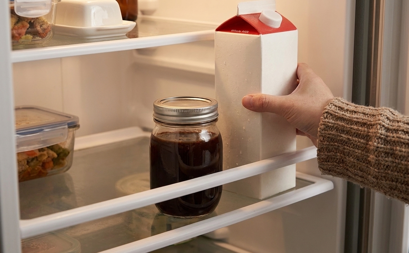 A small glass jar of mocha syrup with a lid, sitting on a refrigerator shelf next to a carton of milk
