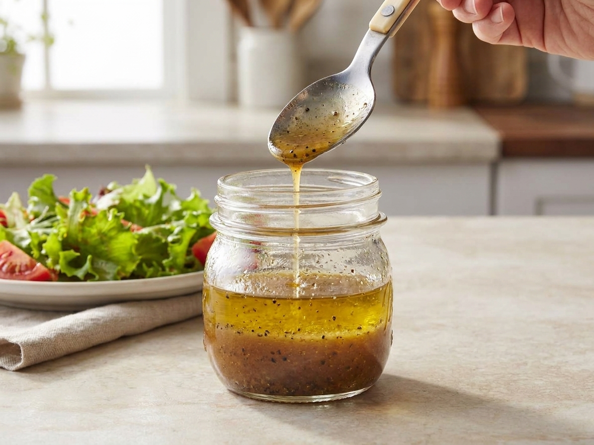 A small glass jar of oil and vinegar dressing with visible pepper flecks on a light stone kitchen counter, next to a spoon and a simple green salad