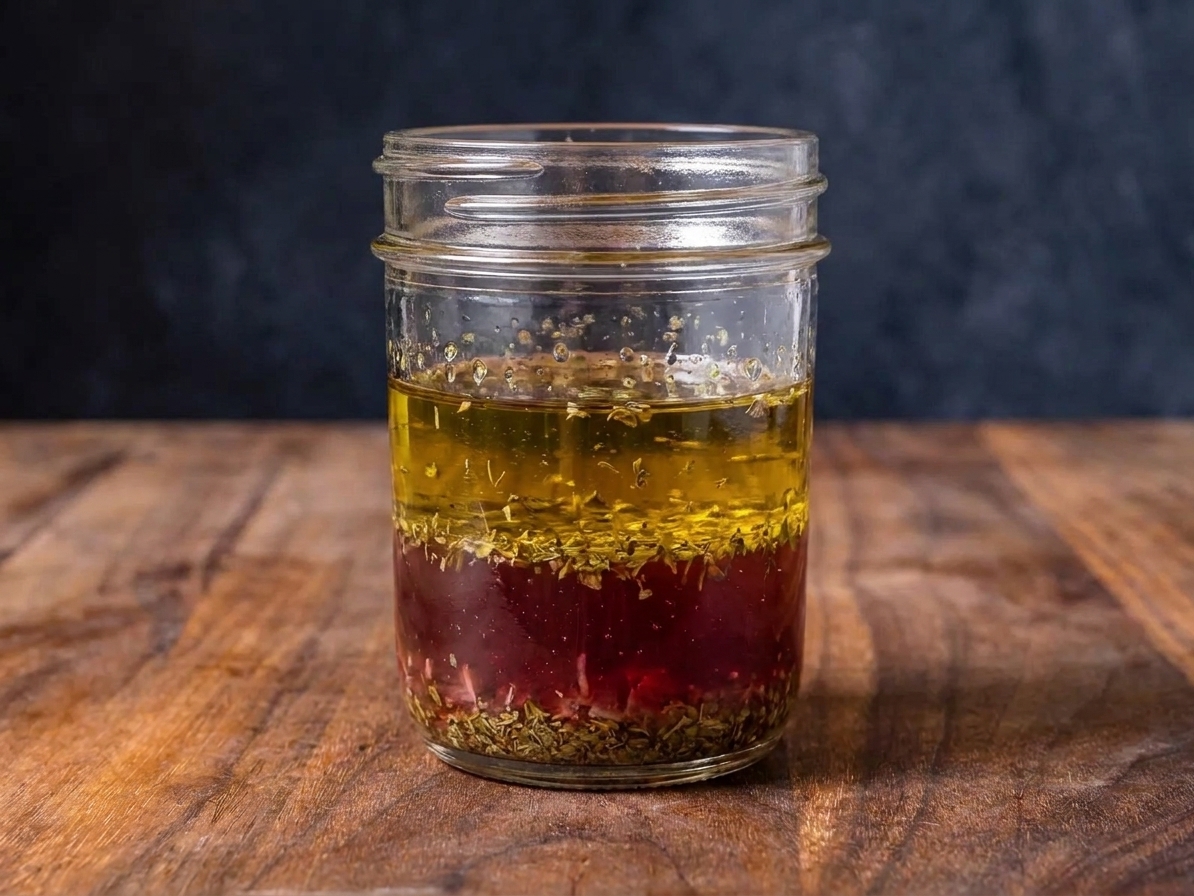 A small glass jar of olive oil and red wine vinegar dressing on a kitchen counter