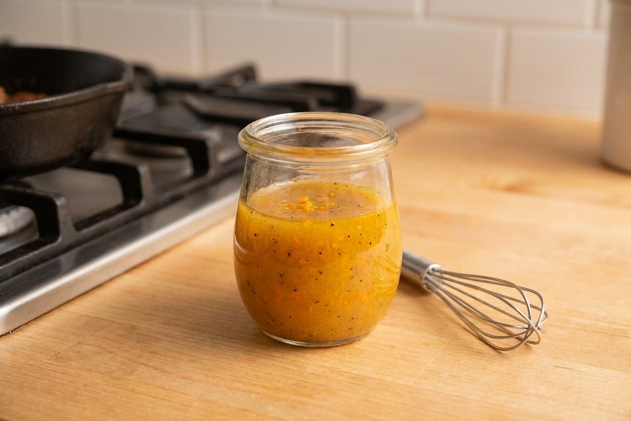 A small glass jar of orange maple vinaigrette with visible orange zest sitting on a kitchen counter next to a whisk