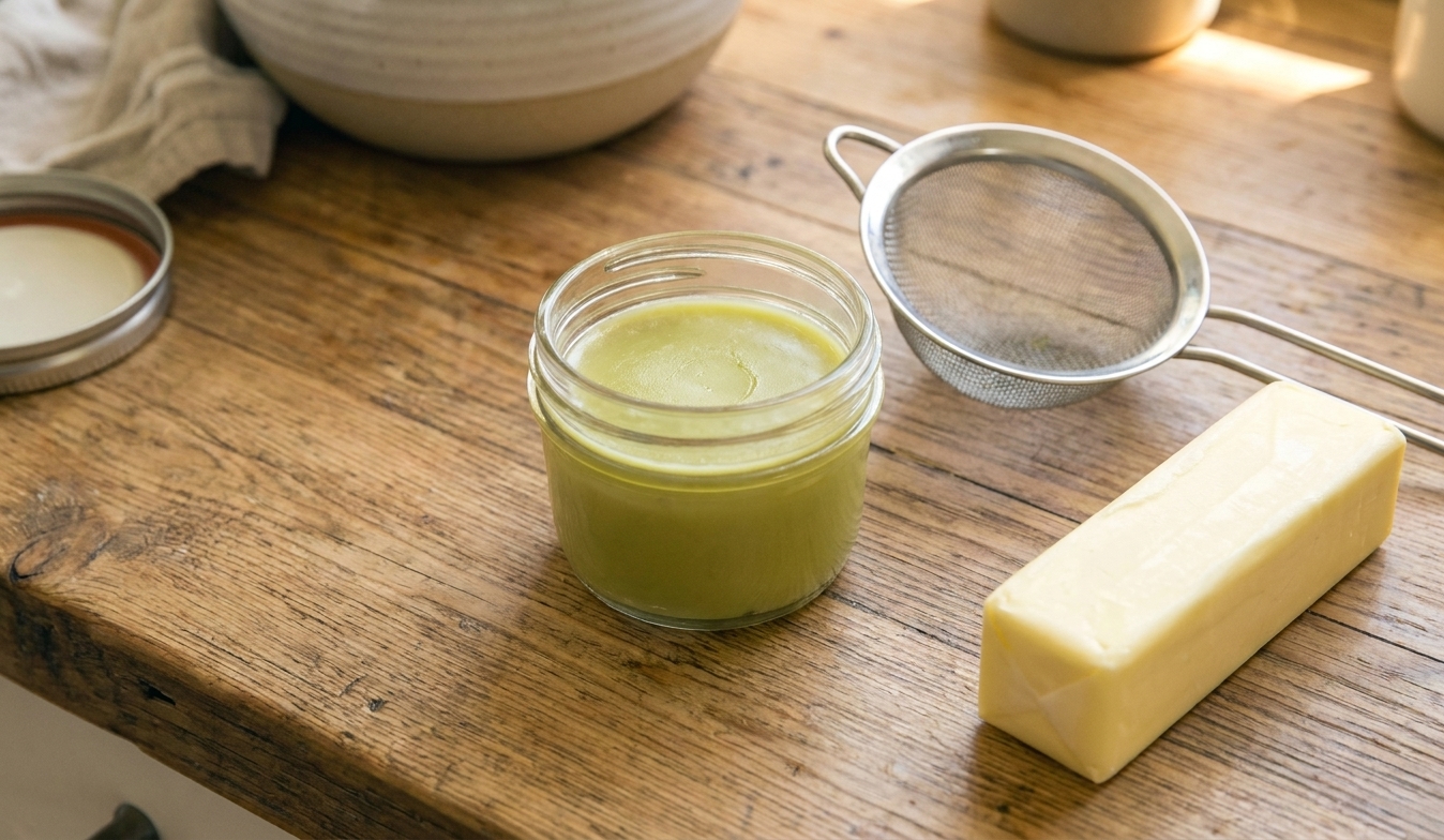 A small glass jar of pale green cannabutter on a wooden kitchen counter next to a fine mesh strainer and a stick of butter, warm natural light