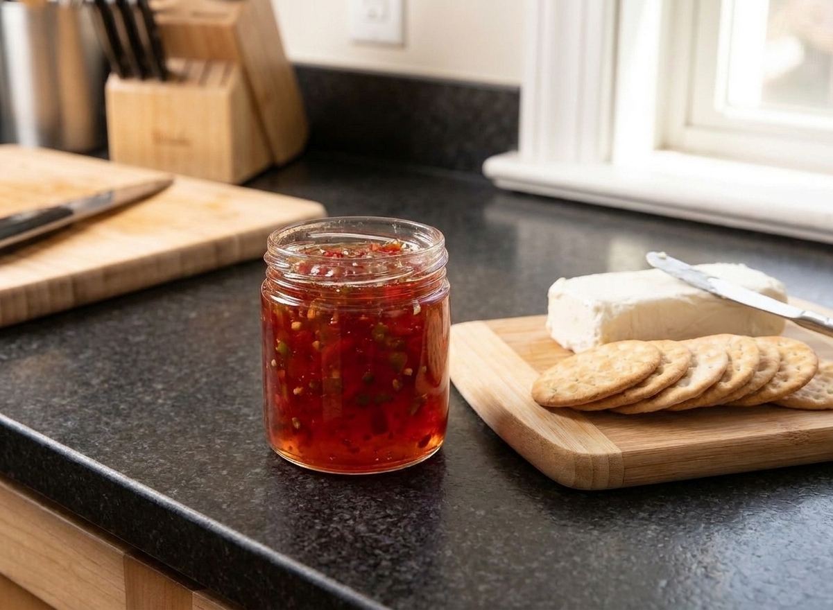 A small glass jar of ruby red hot pepper jelly with visible pepper flecks on a bright kitchen counter, with crackers and a small cheese board nearby