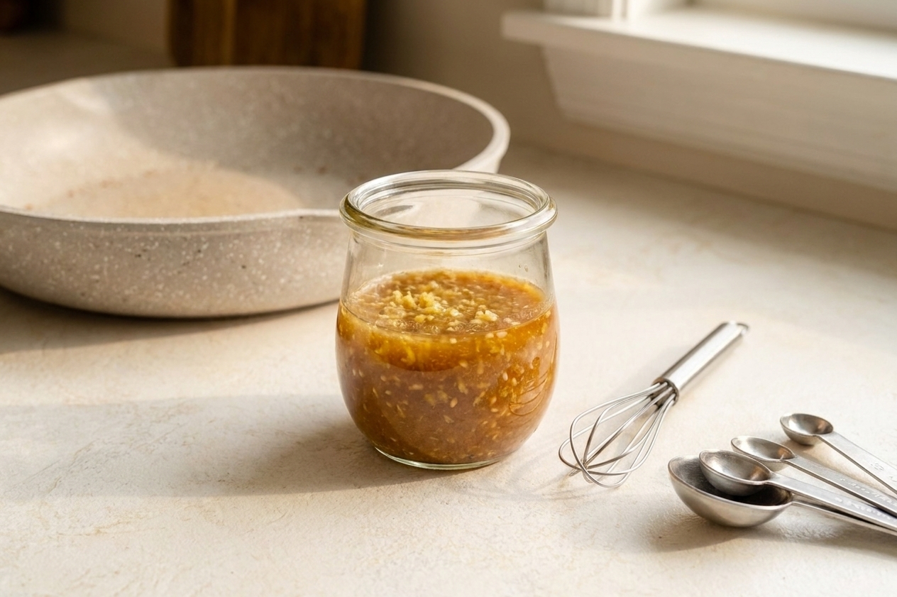 A small glass jar of sesame ginger dressing with visible flecks of grated ginger on a kitchen counter next to a whisk and measuring spoons