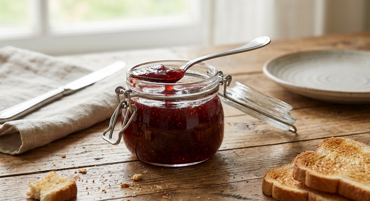A small glass jar of strawberry jam with a spoon dipped in, jam glistening, on a breakfast table with toast crumbs, photorealistic food photography