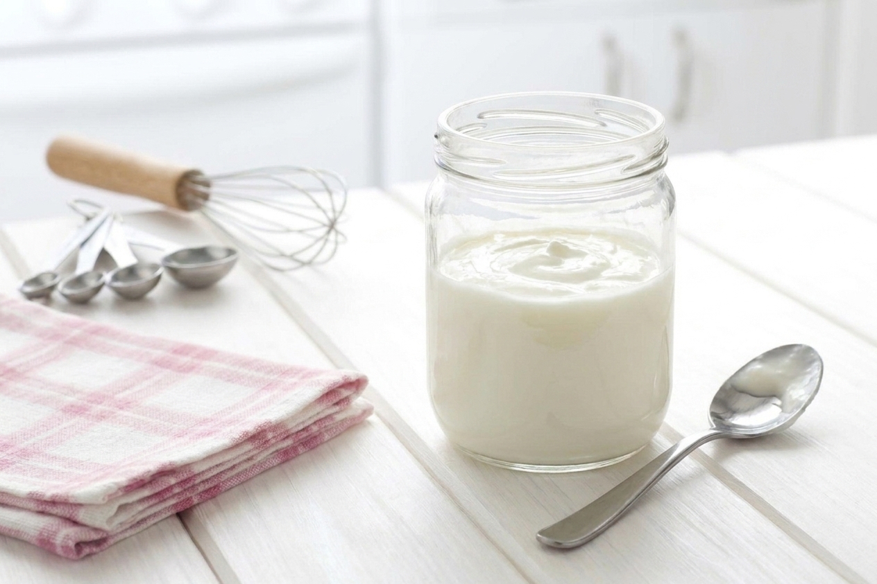A small glass jar of thick homemade crème fraîche on a light kitchen counter with a spoon beside it and soft window light