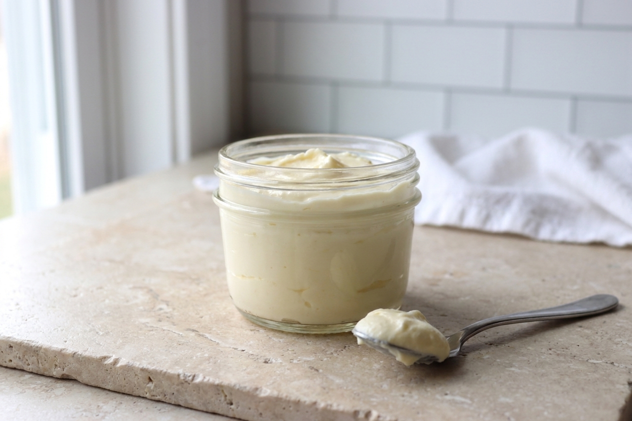A small glass jar of thick homemade crème fraîche on a light stone kitchen counter with a spoon resting beside it in soft natural window light