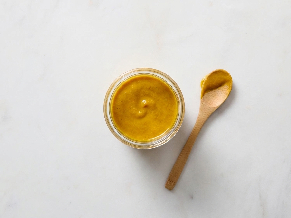A small glass jar of turmeric latte concentrate on a kitchen counter with a spoon beside it
