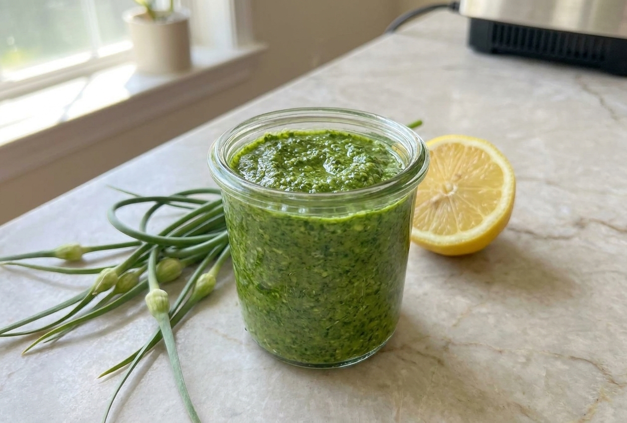 A small glass jar of vivid green garlic scape pesto on a light stone counter with garlic scapes and a lemon half nearby, natural window light