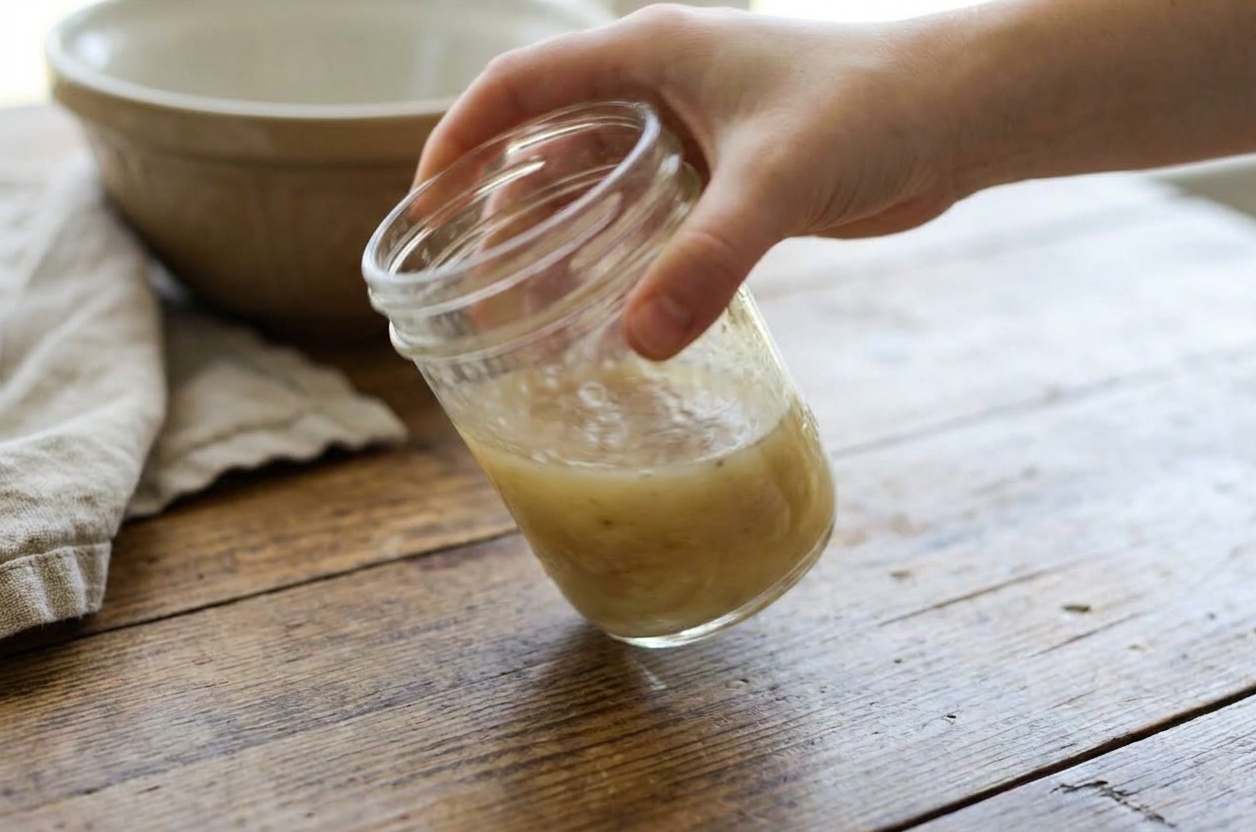A small glass jar with apple cider vinegar slaw dressing being shaken by hand over a wooden countertop