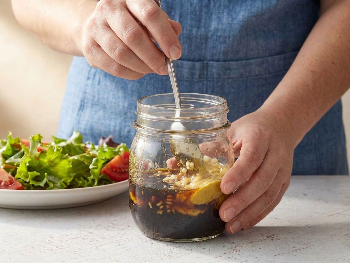 A small glass jar with balsamic vinegar, Dijon mustard, honey, and minced garlic being stirred together on a kitchen counter