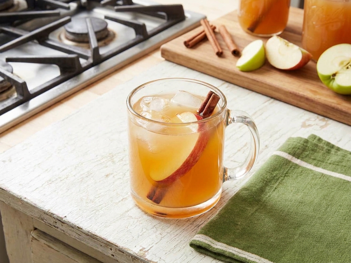 A small glass of apple pie moonshine poured over ice, garnished with an apple slice and a cinnamon stick