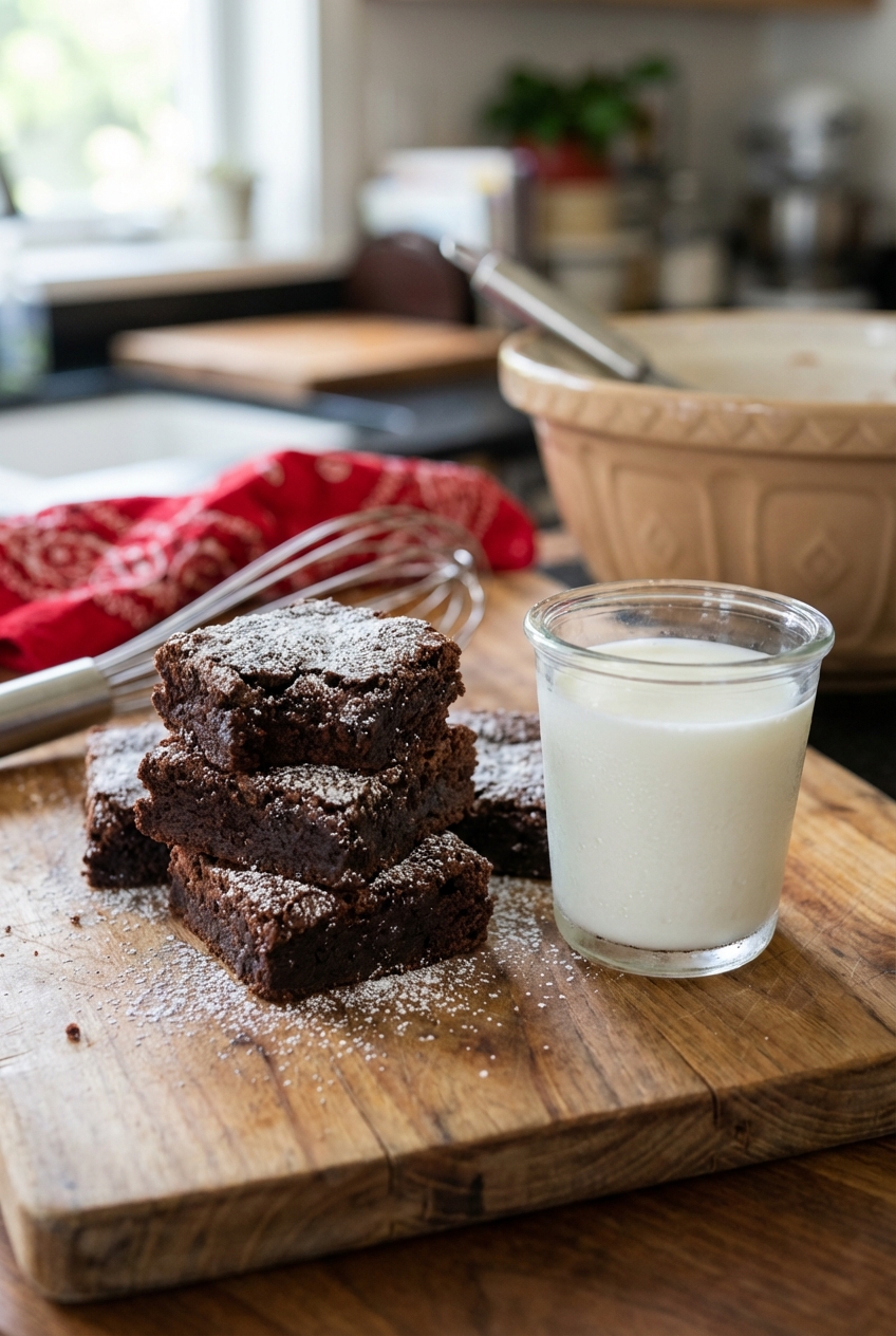 A small glass of cold milk next to a stack of brownies