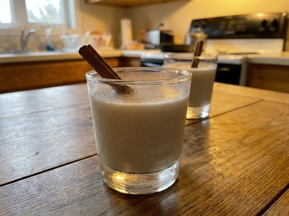 A small glass of coquito garnished with a cinnamon stick on a wooden table, with a second glass softly blurred in the background