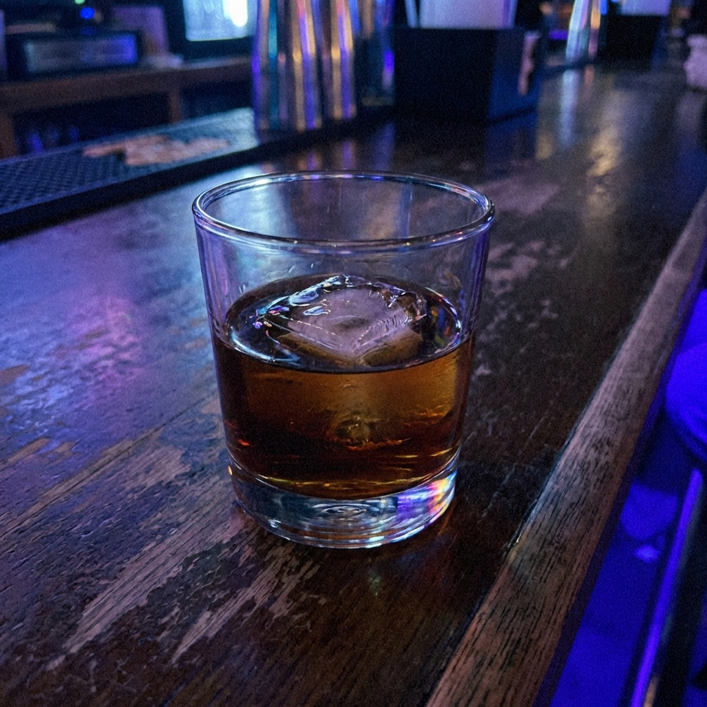 A small glass of dark rum with a single ice cube on a countertop