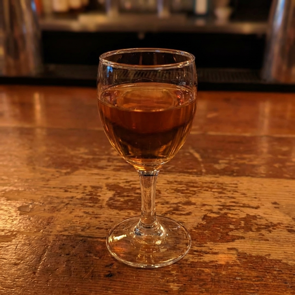 A small glass of dessert wine on a wooden table